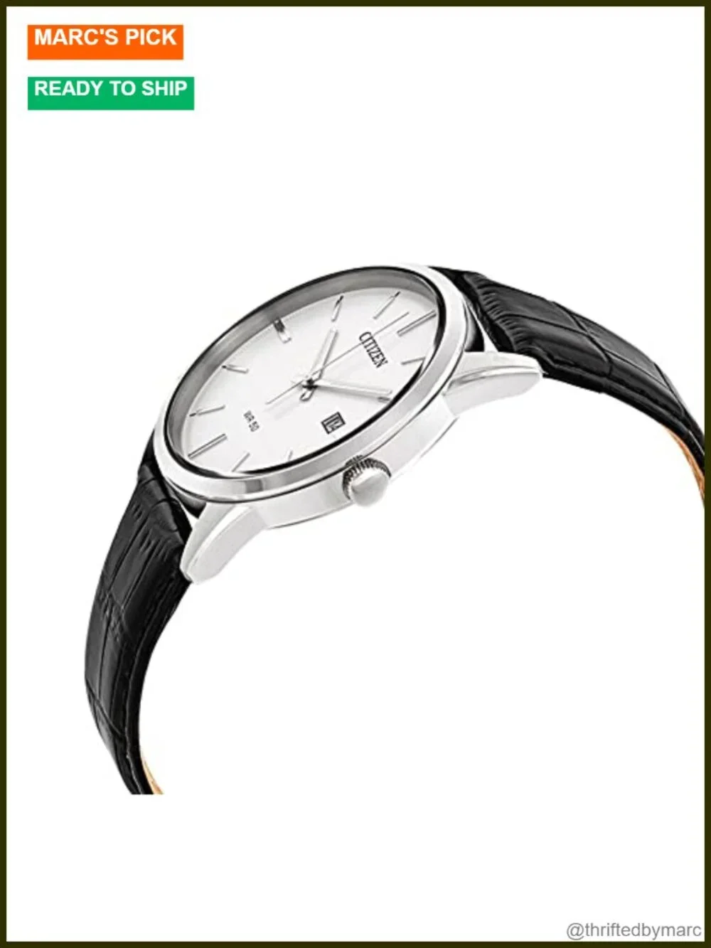 Quartz Wrist Watch, Stainless Steel Case, Leather Strap, Analog Display, Date